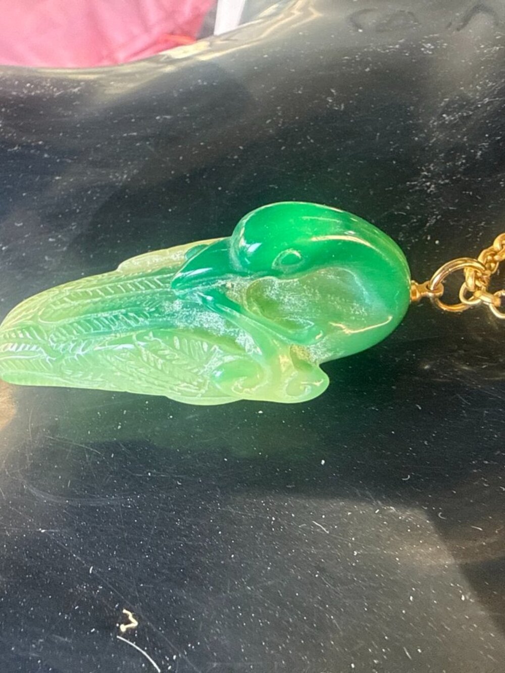 Vintage Kenneth Lane KJL Faux Jade Swan Pendant Signed Carved Statement Jewelry